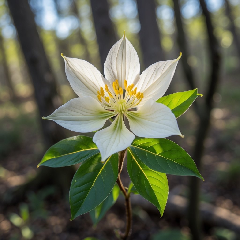Close-up of a white Franklin Tree flower with yellow center and green leaves in a natural outdoor setting.