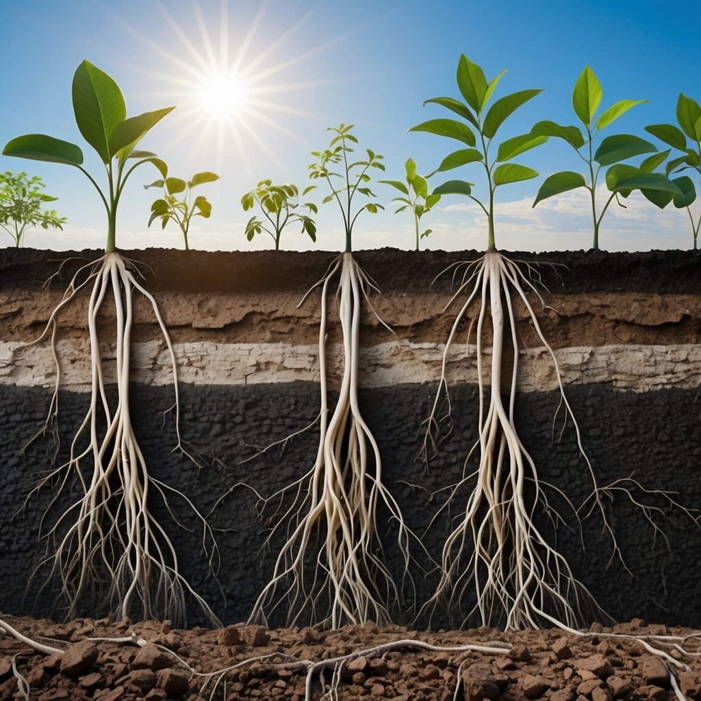 Cross-sectional view of plants with deep roots reaching underground water during drought in dry soil.