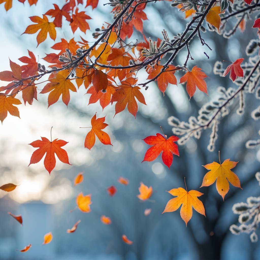 Close-up of colorful autumn leaves falling from a tree with frosty branches in a cold environment.