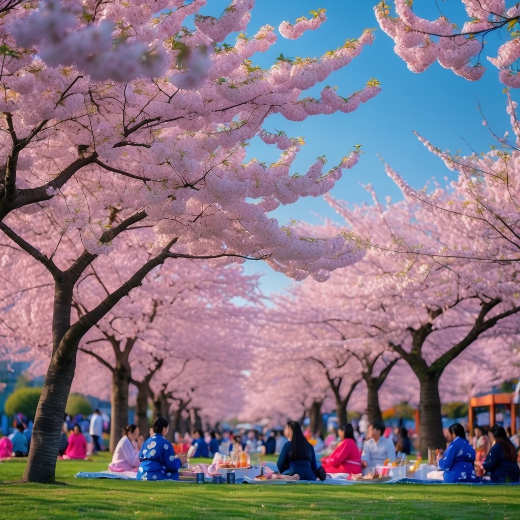 Cherry blossom trees in full bloom with people enjoying a picnic outdoors during a Japanese festival.