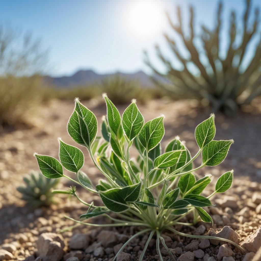 Close-up of tiny leaves on desert plants in a dry desert landscape.