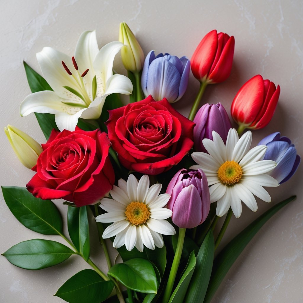 Close-up of five different flowers including red roses, lilies, tulips, violets, and daisies arranged together on a neutral background.