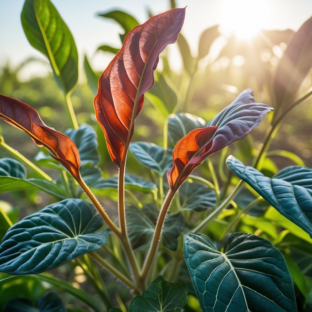 Close-up of different plants showing leaves with shapes and colors adapted to survive extreme heat.