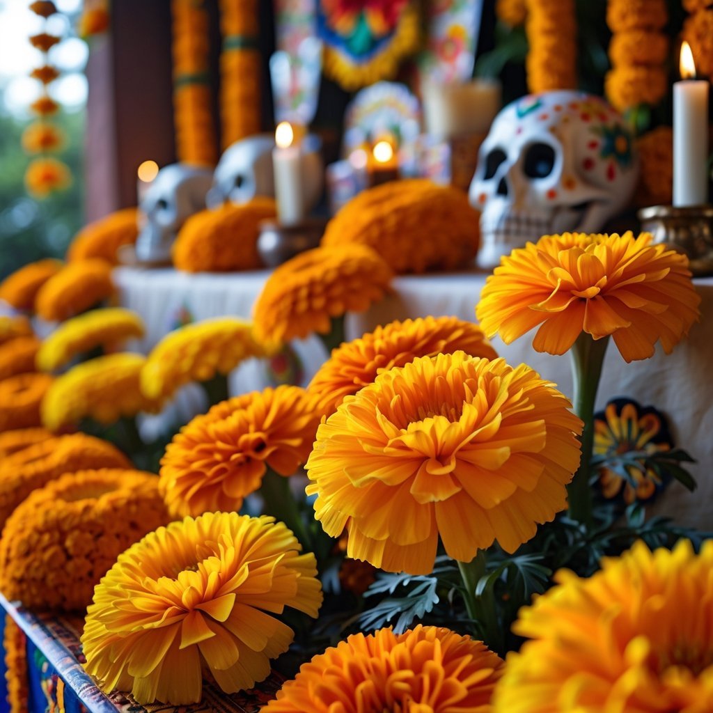 Close-up of bright orange and yellow marigold flowers arranged on a decorated altar for the Mexican Day of the Dead, with candles and sugar skulls in the background.