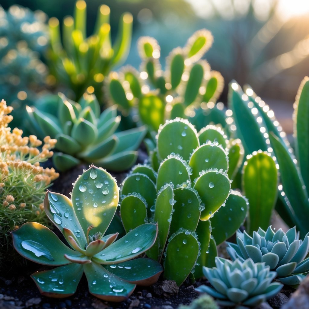 Close-up of different plants with shiny waxy coatings on their leaves and stems in a natural outdoor environment.