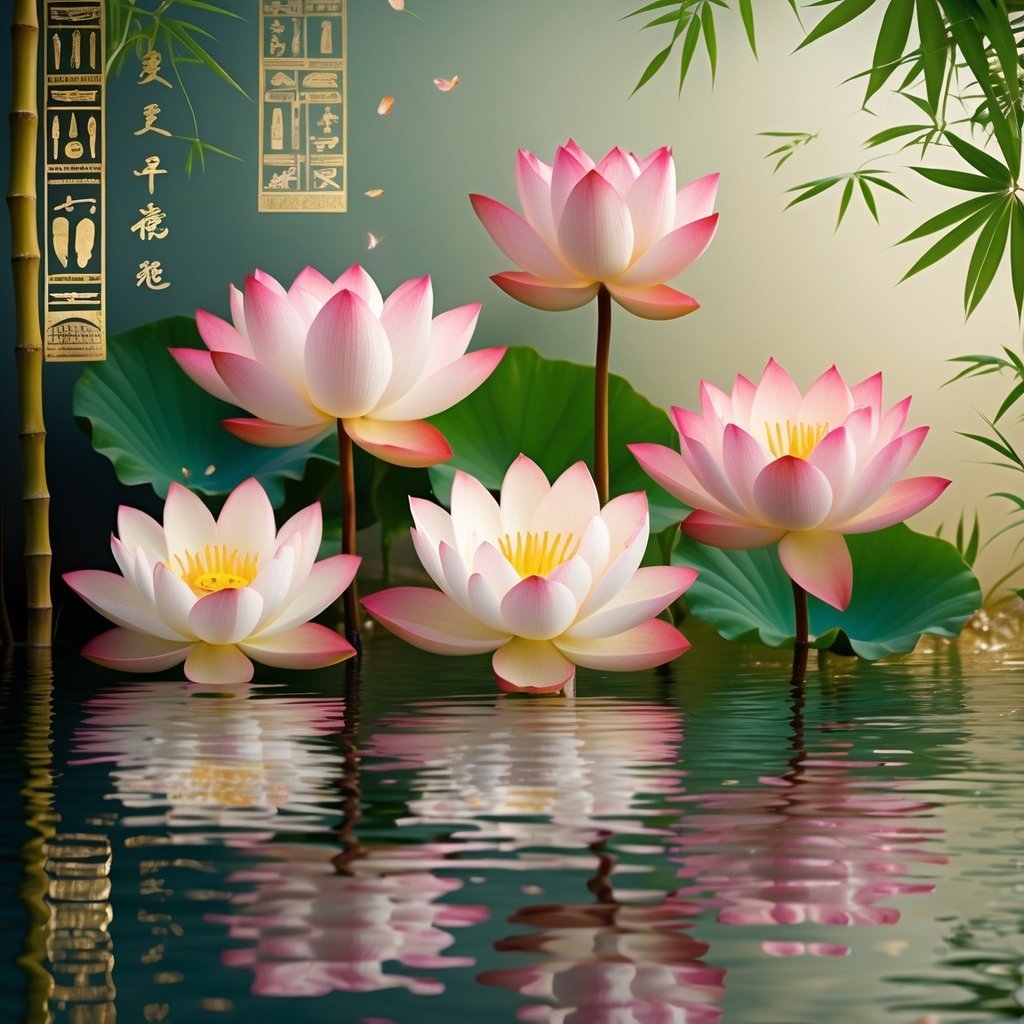 Five lotus flowers floating on calm water with subtle ancient Egyptian and Asian decorative elements in the background.