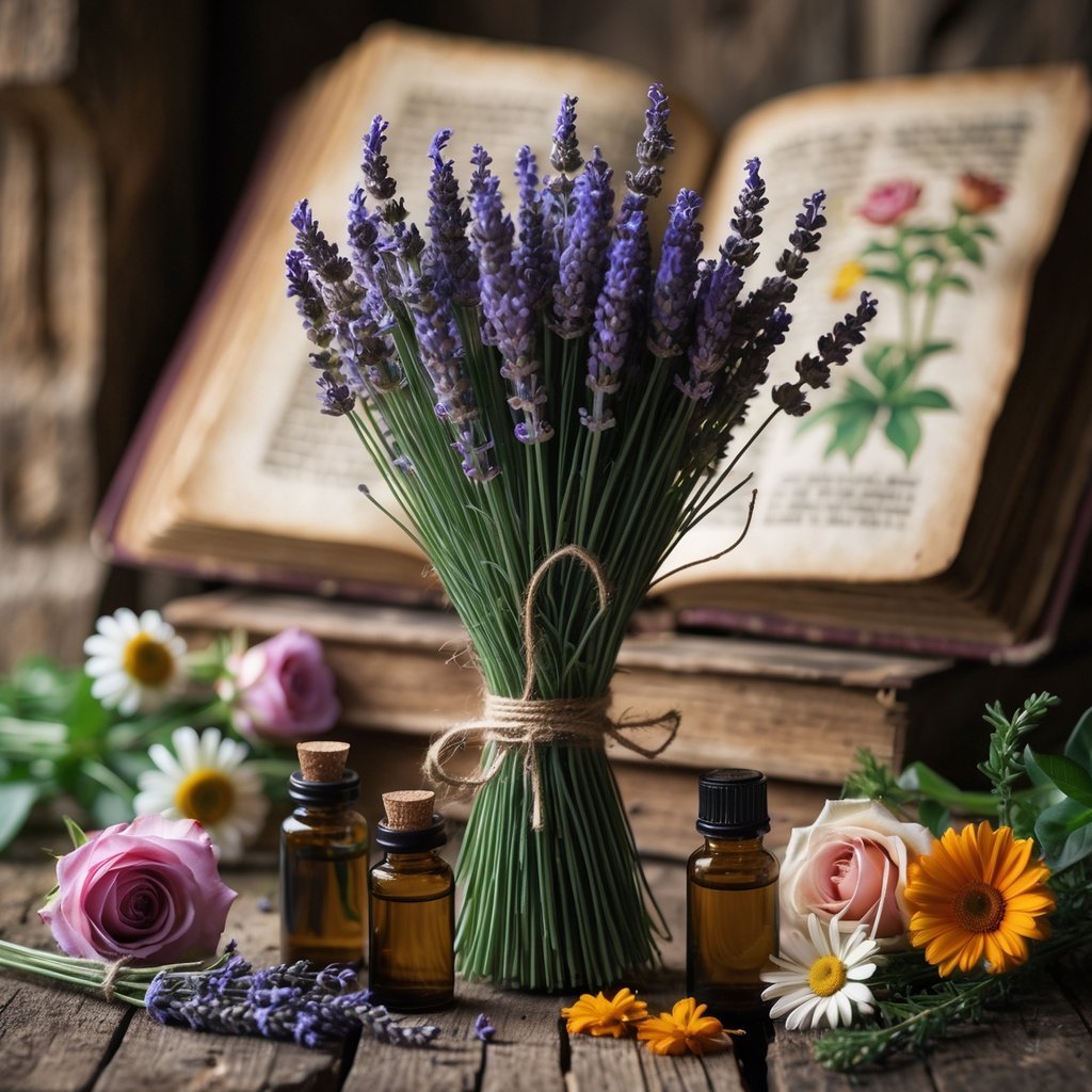 A bunch of lavender and other flowers on a wooden table with glass bottles and old botanical books in the background.