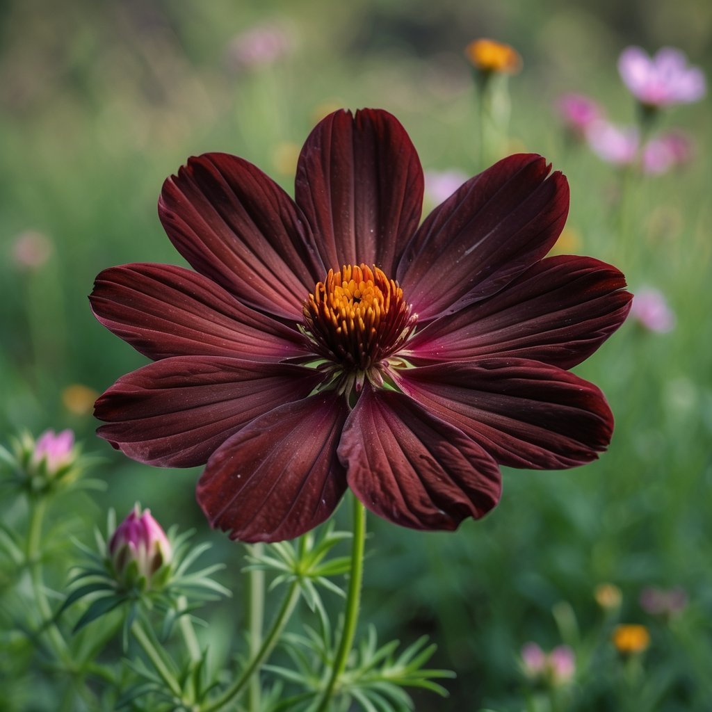 Close-up of a deep reddish-brown Chocolate Cosmos flower with green foliage in a natural remote wild setting.