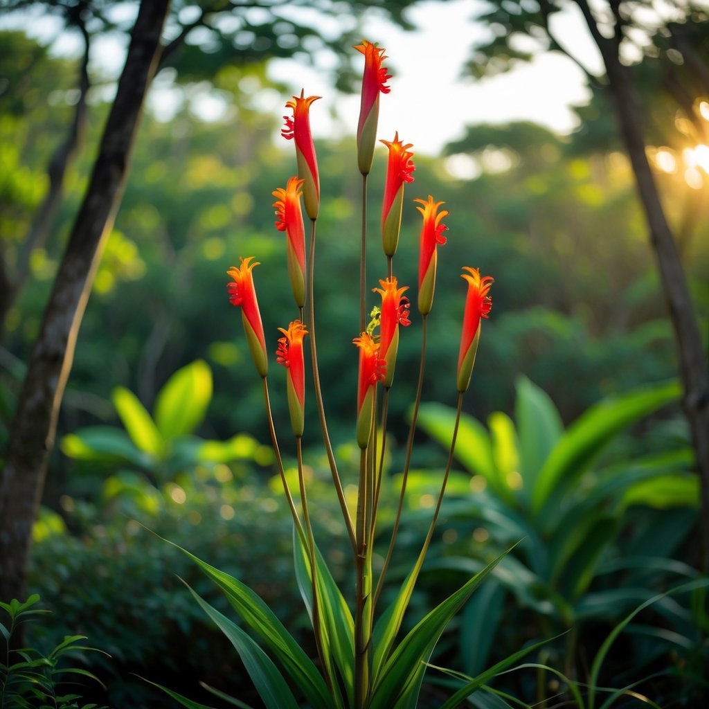 Bright red and orange Fire Lily flowers growing tall among green tropical plants in a lush African forest.