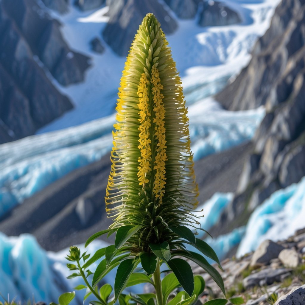 A Queen of the Andes flower blooming in front of snow-covered glaciers and rocky peaks in the high Andes mountains.