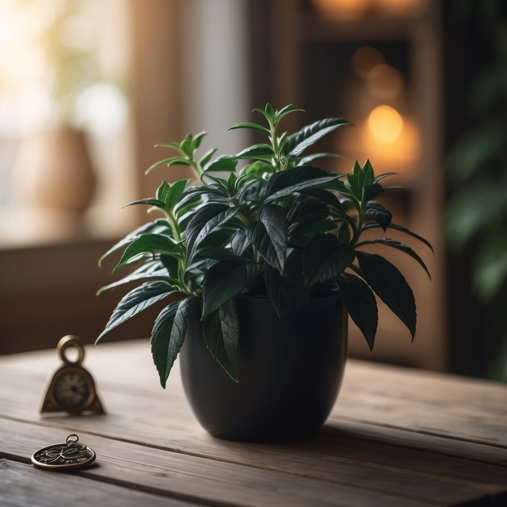 Close-up of a black catnip plant on a wooden table with a small charm nearby in a softly lit indoor setting.