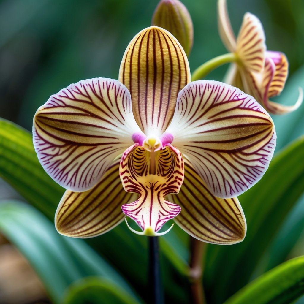 Close-up of a Monkey Face Orchid flower with petals resembling a monkey's face surrounded by green leaves.