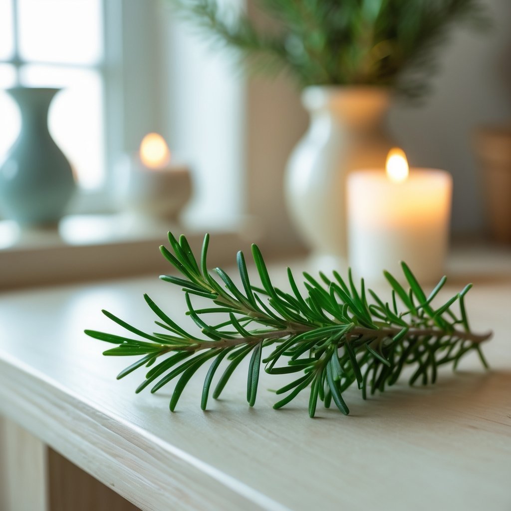 A fresh sprig of rosemary resting on a wooden surface inside a softly lit home with blurred decor in the background.