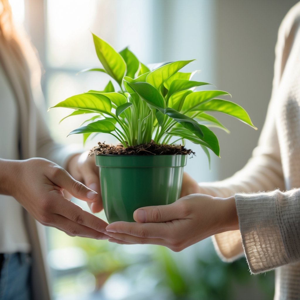 Close-up of two people exchanging a healthy green potted plant indoors, focusing on their hands and the plant.