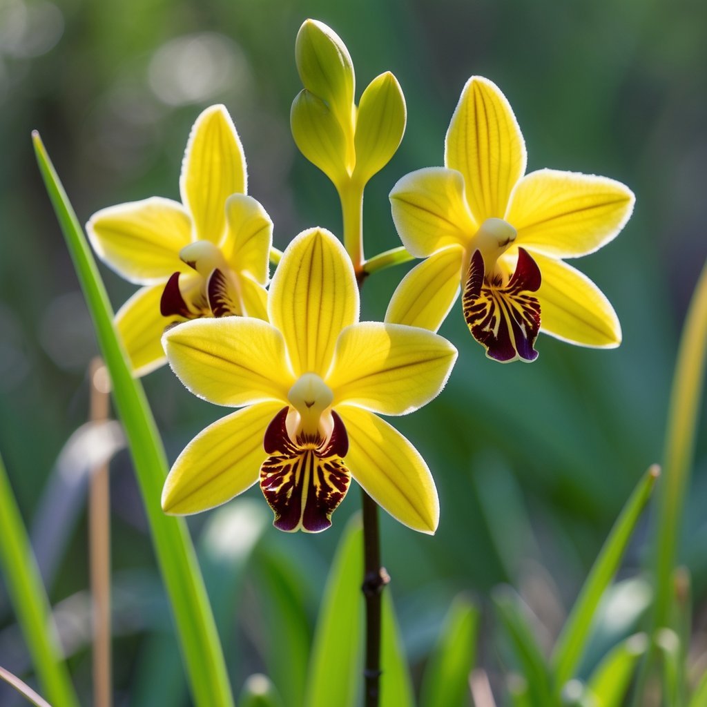 Close-up of a bright yellow Donkey Orchid flower with dark brown markings resembling a donkey's face, surrounded by green foliage.