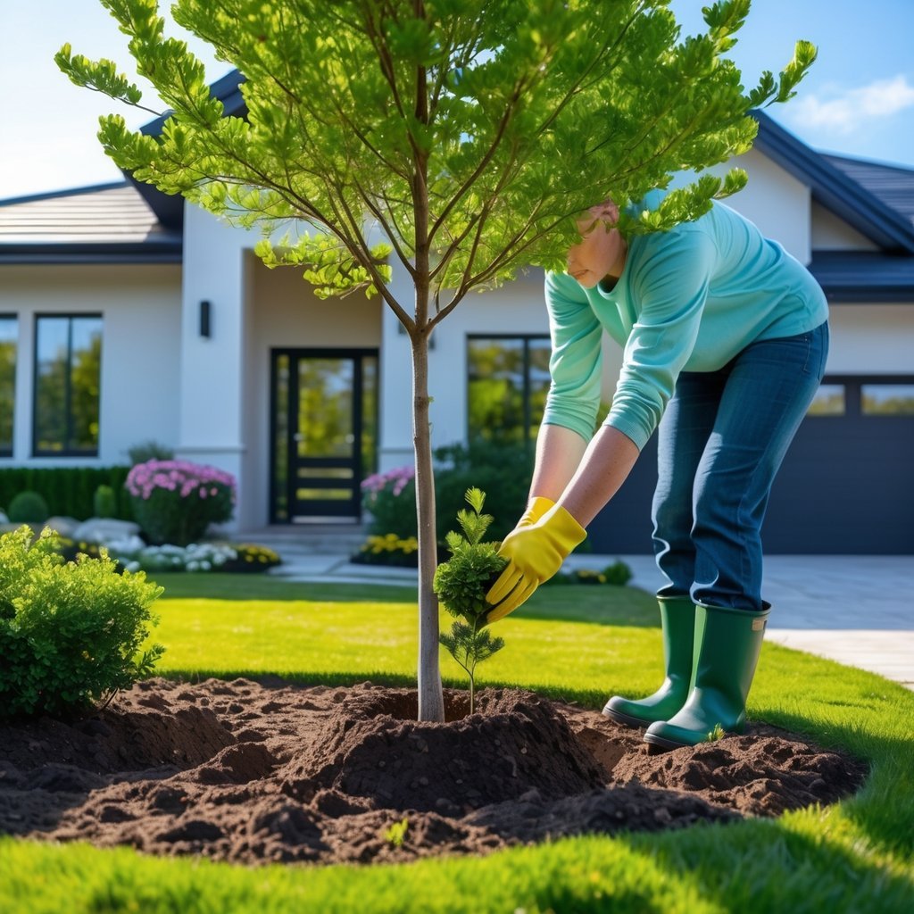 A person planting a young yew tree near the front yard of a house on a sunny day.