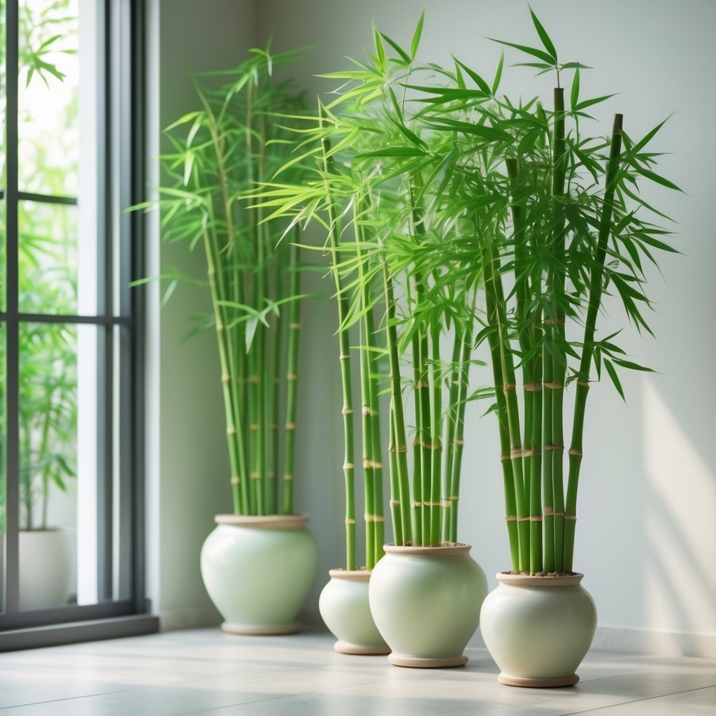 Indoor scene with healthy green bamboo plants in ceramic pots near a window.