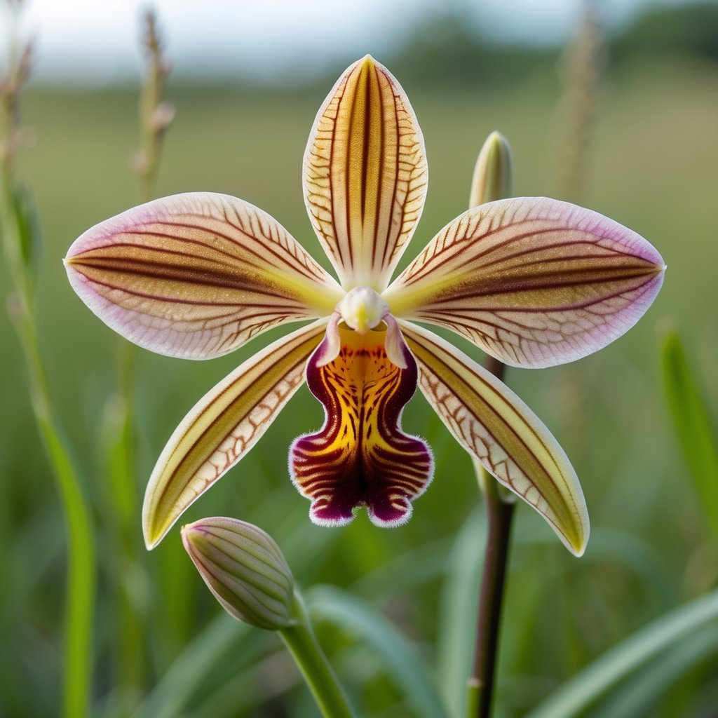Close-up of a Bee Orchid flower resembling a bee, surrounded by green meadow plants.