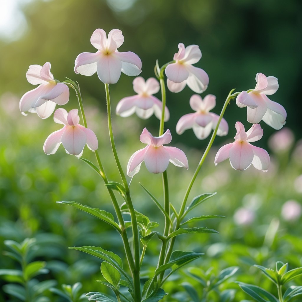 Close-up of a cluster of pale pink and white Bouncing Bet flowers with rounded petals on green stems surrounded by leaves.