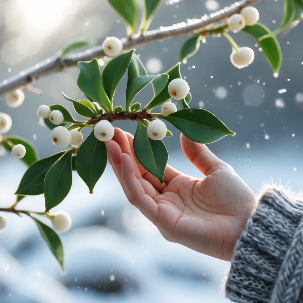 A hand touching a sprig of green mistletoe with white berries in a snowy winter setting.