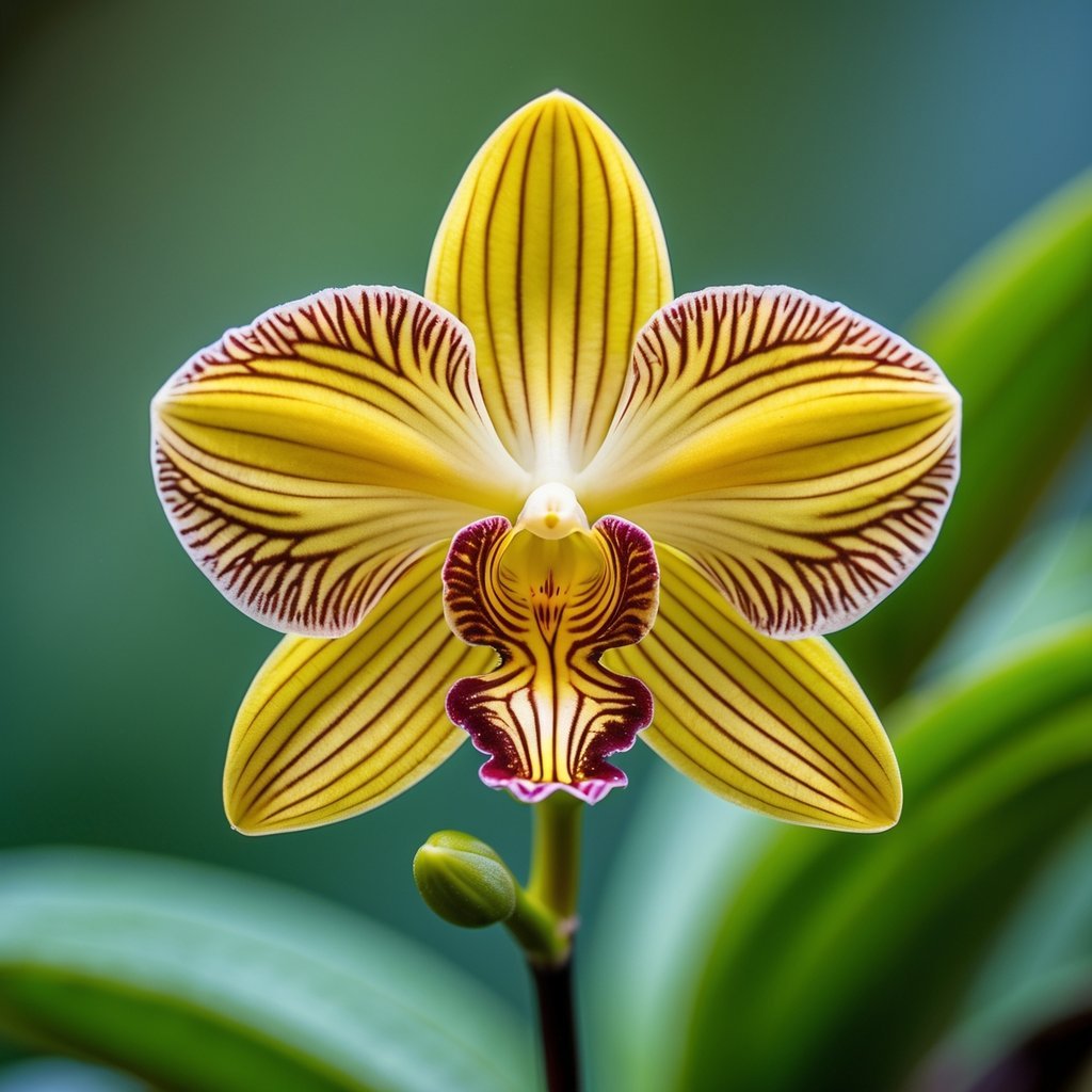 Close-up of a yellow and brown Dancing Lady Orchid flower with petals shaped like a dancing figure against a green blurred background.
