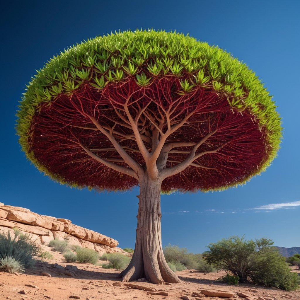 A Dragon's Blood Tree with an umbrella-shaped canopy standing in a rocky, arid landscape under a clear blue sky.