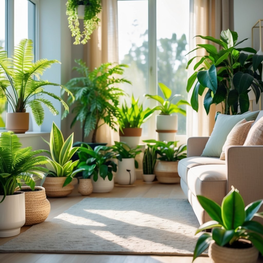 A bright living room with various green houseplants but no orchids, featuring comfortable furniture and natural sunlight.