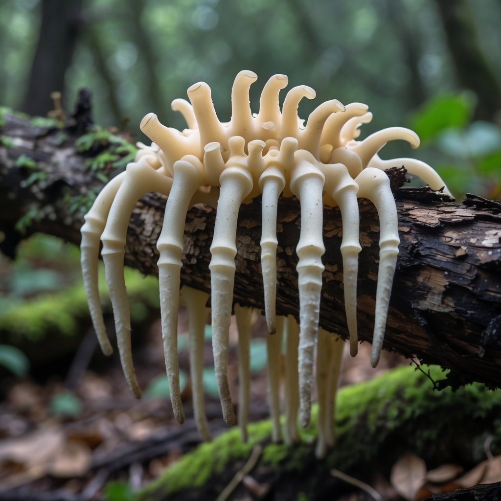 Close-up of Dead Man's Fingers fungus growing on a tree branch in a forest.