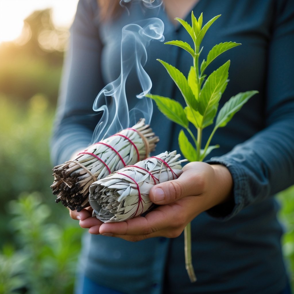 Hands holding burning sage and a rue plant with smoke rising outdoors.