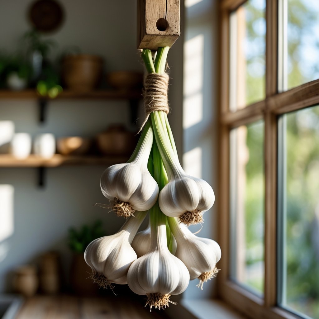 A bundle of garlic bulbs hanging near a window inside a cozy kitchen with natural light.