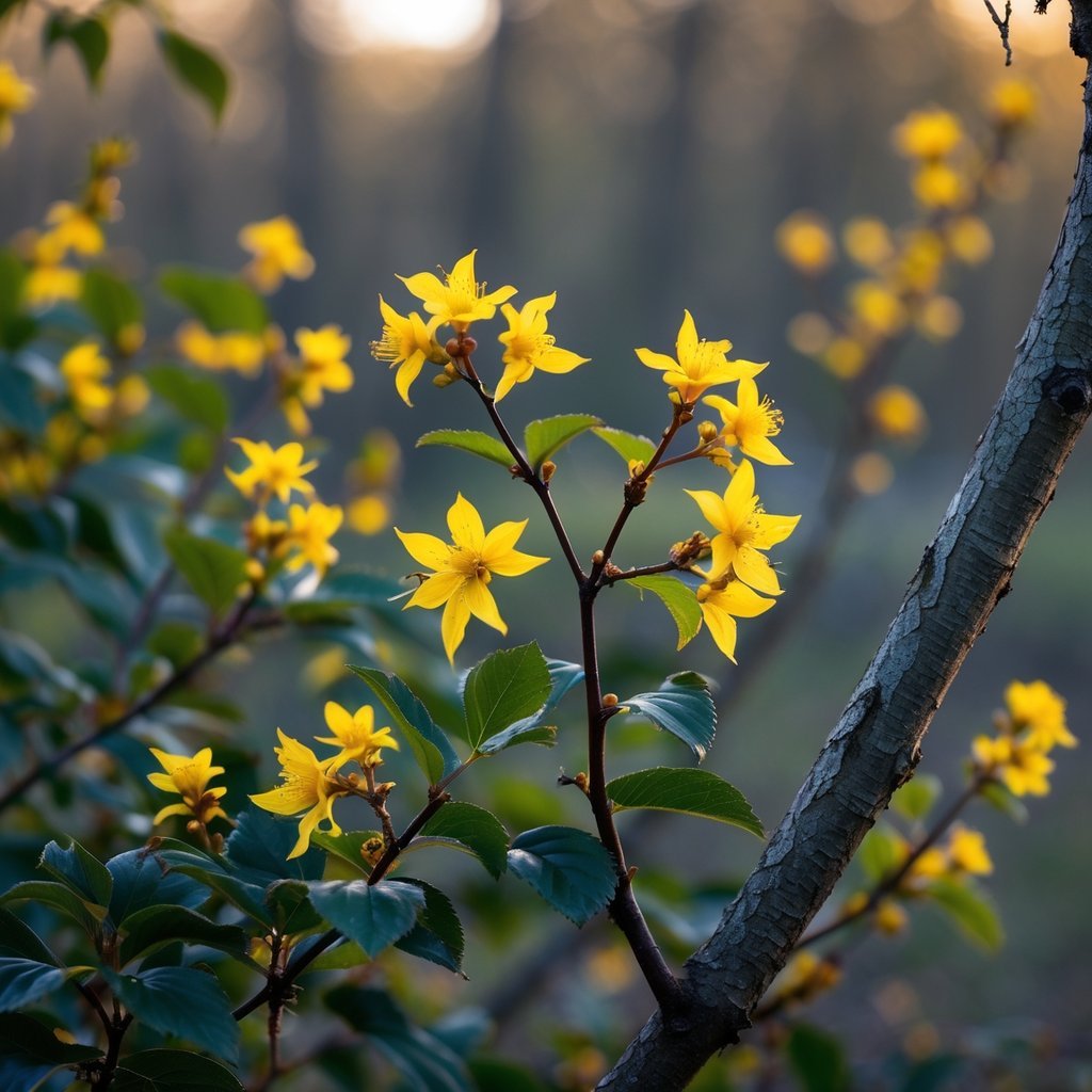 Close-up of Witch Hazel branches with yellow flowers and green leaves outdoors.