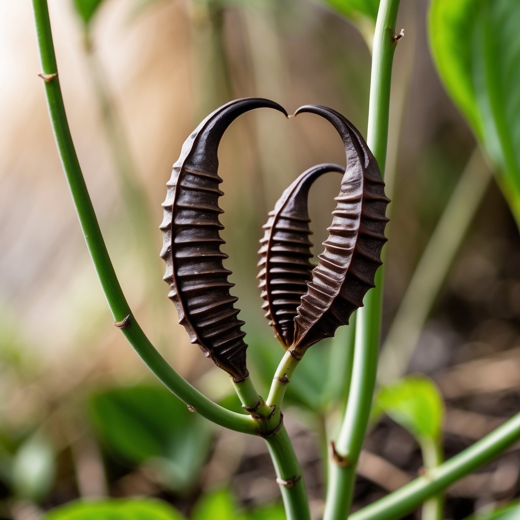 Close-up of Devil's Claw plant showing its hooked seed pods attached to green stems with blurred natural background.