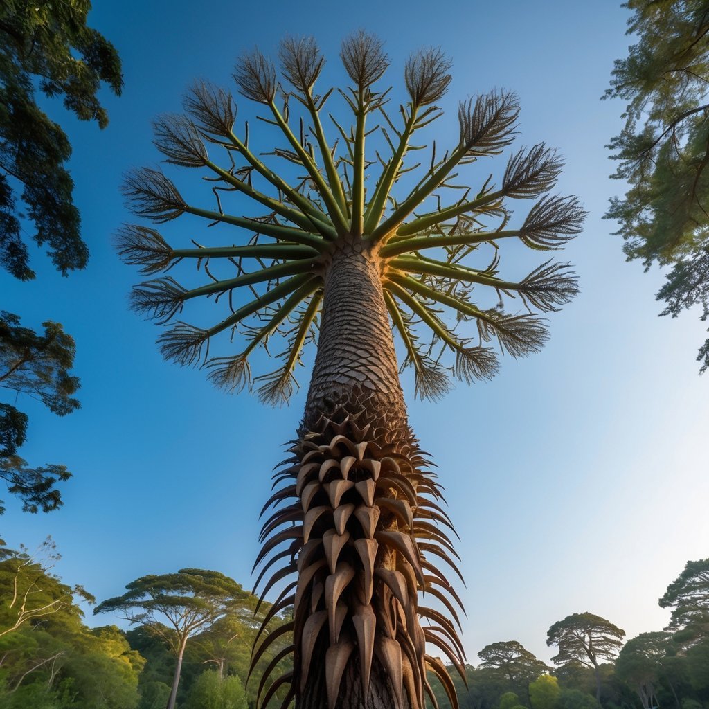 A tall Monkey Puzzle Tree with spiky, symmetrical branches against a clear blue sky and green forest background.