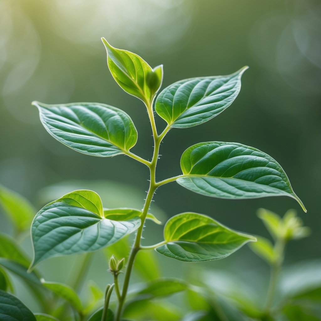 Close-up of a Sensitive Plant with some leaves partially closed, surrounded by green foliage.