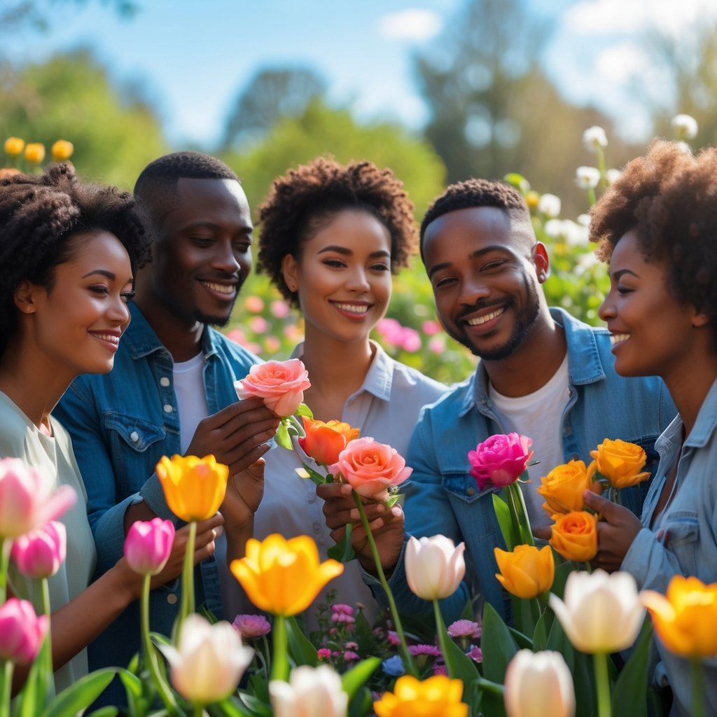 A group of people smiling and interacting happily in a garden filled with colorful blooming flowers.