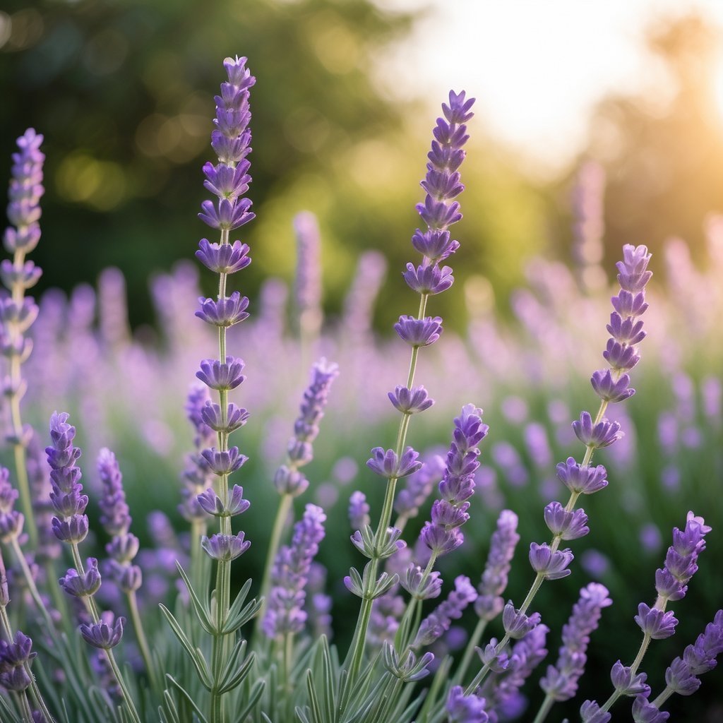 Close-up of blooming lavender flowers in a peaceful garden setting.