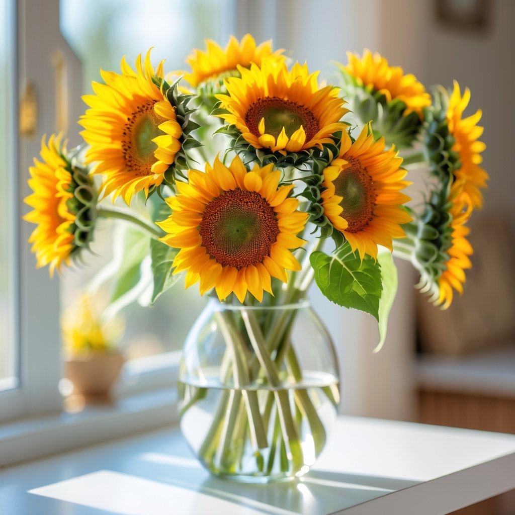 A bouquet of bright sunflowers in a glass vase on a table near a sunlit window.