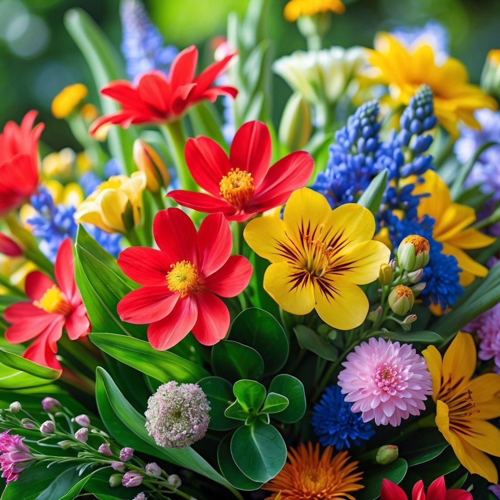 Close-up of a colorful bouquet with bright red and yellow flowers surrounded by green leaves.