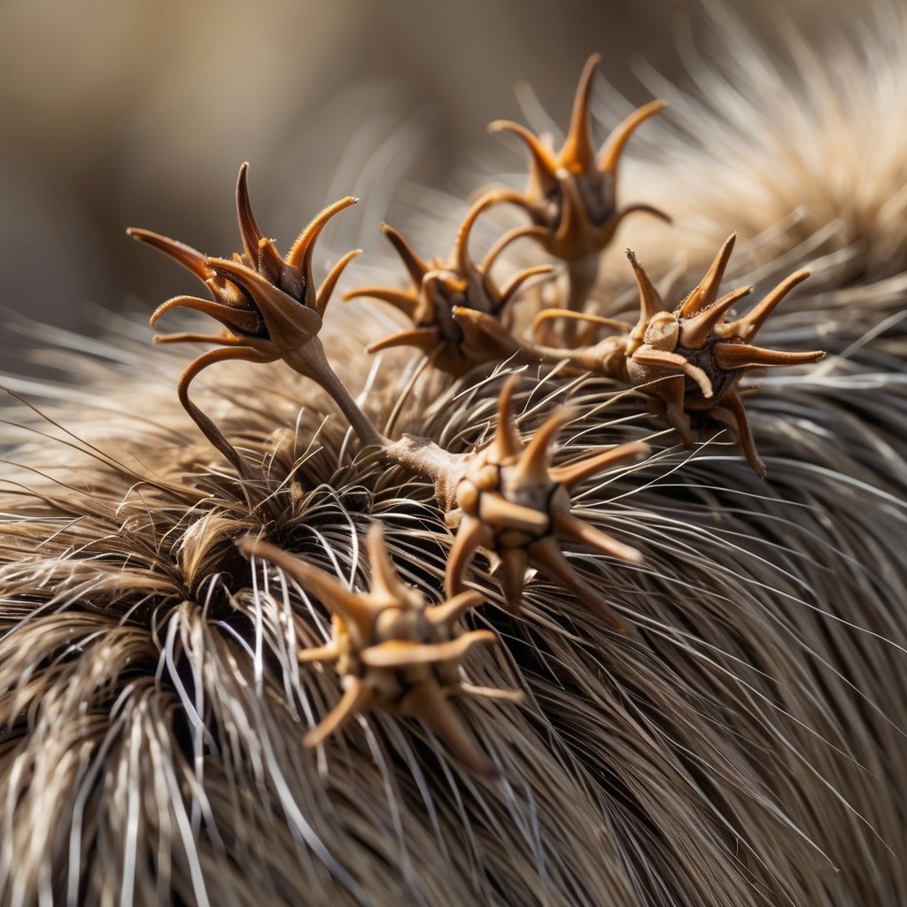 Close-up of cocklebur seeds with hooks attached to animal fur.