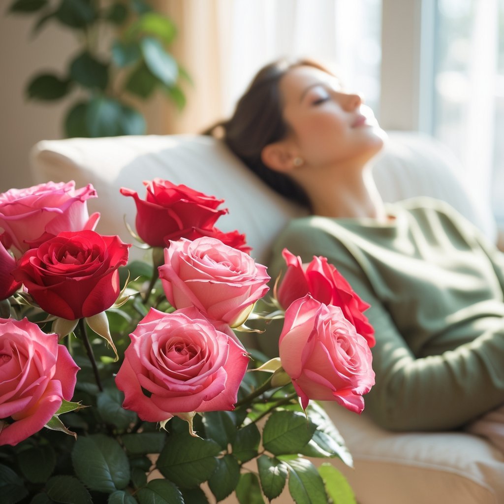 Close-up of a bouquet of blooming roses with a relaxed person sitting peacefully in the background.