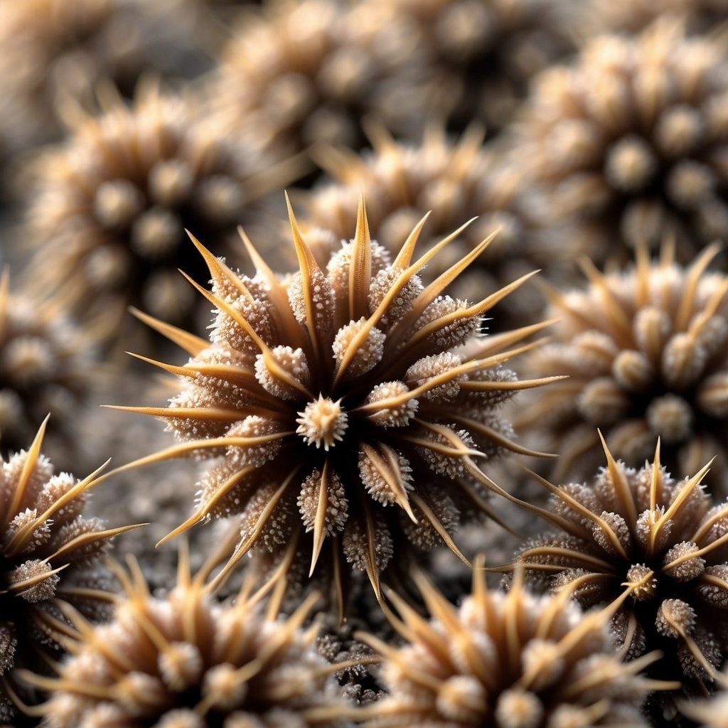Close-up of burr seeds covered in tiny barbs on a natural blurred background.