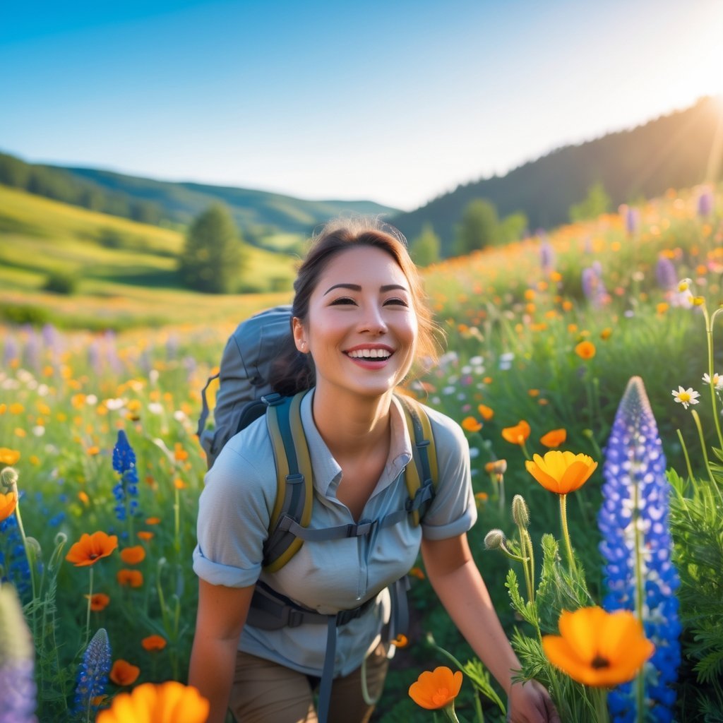 A person smiling and hiking through a colorful wildflower meadow on a sunny day with hills and trees in the background.