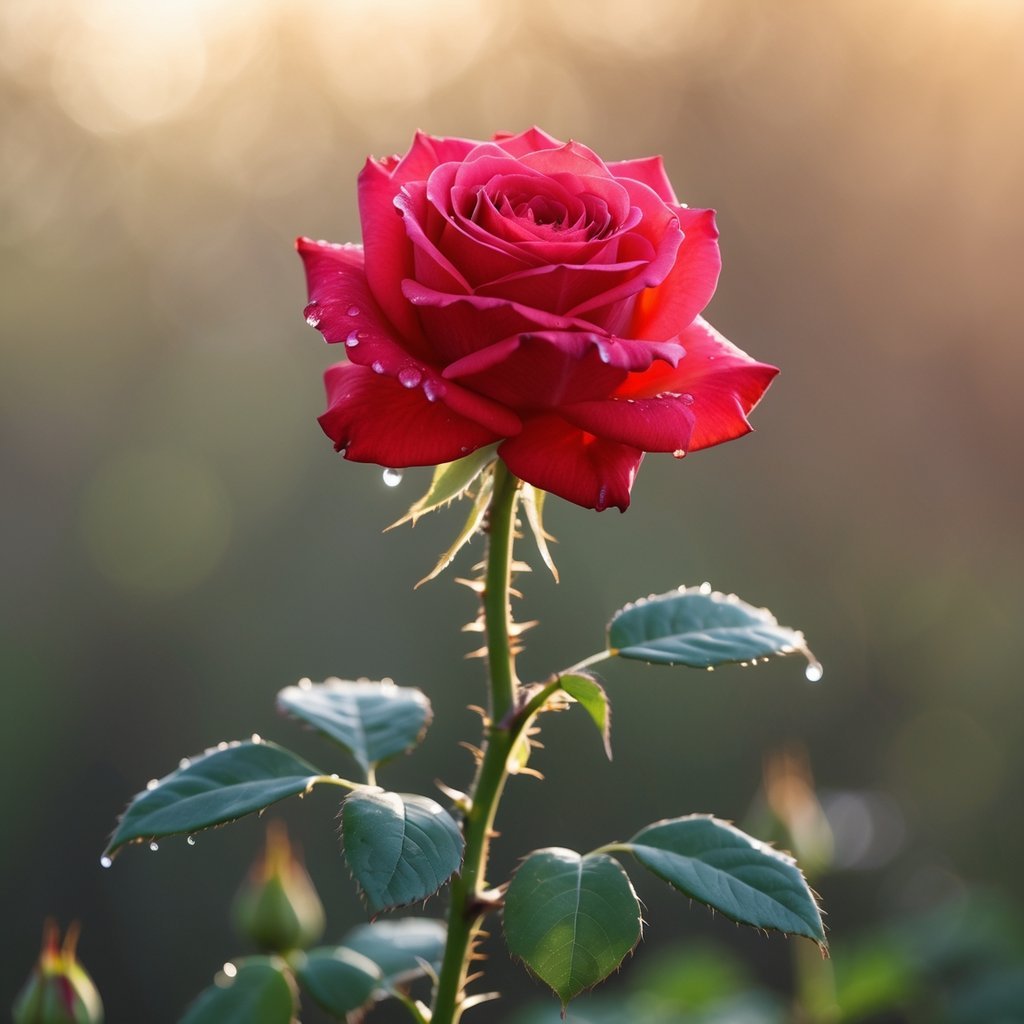 A close-up of a red rose with sharp thorns on its stem against a blurred natural background.