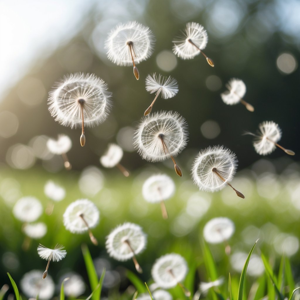 Close-up of dandelion seeds floating gently in the air against a blurred natural background.