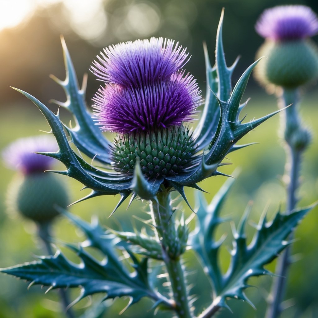 Close-up of a purple thistle flower with green leaves against a softly blurred natural background.