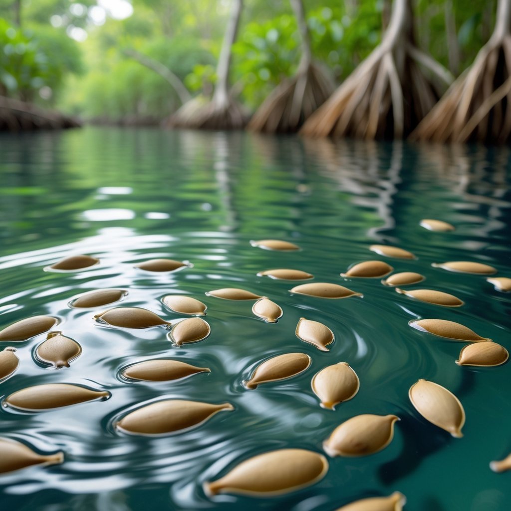 Close-up of mangrove seeds floating on calm water near a tropical mangrove forest.