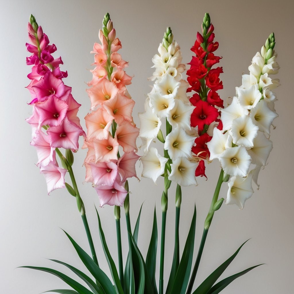 Close-up of vibrant gladiolus flowers with multiple blossoms on tall spikes against a soft neutral background.