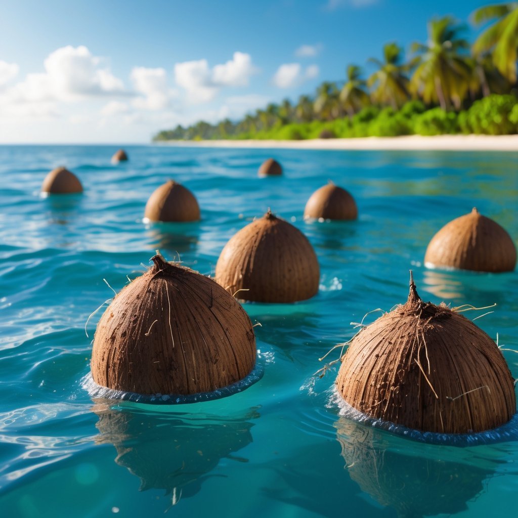 Coconut seeds floating on ocean waves near a tropical shoreline with palm trees and sandy beach.