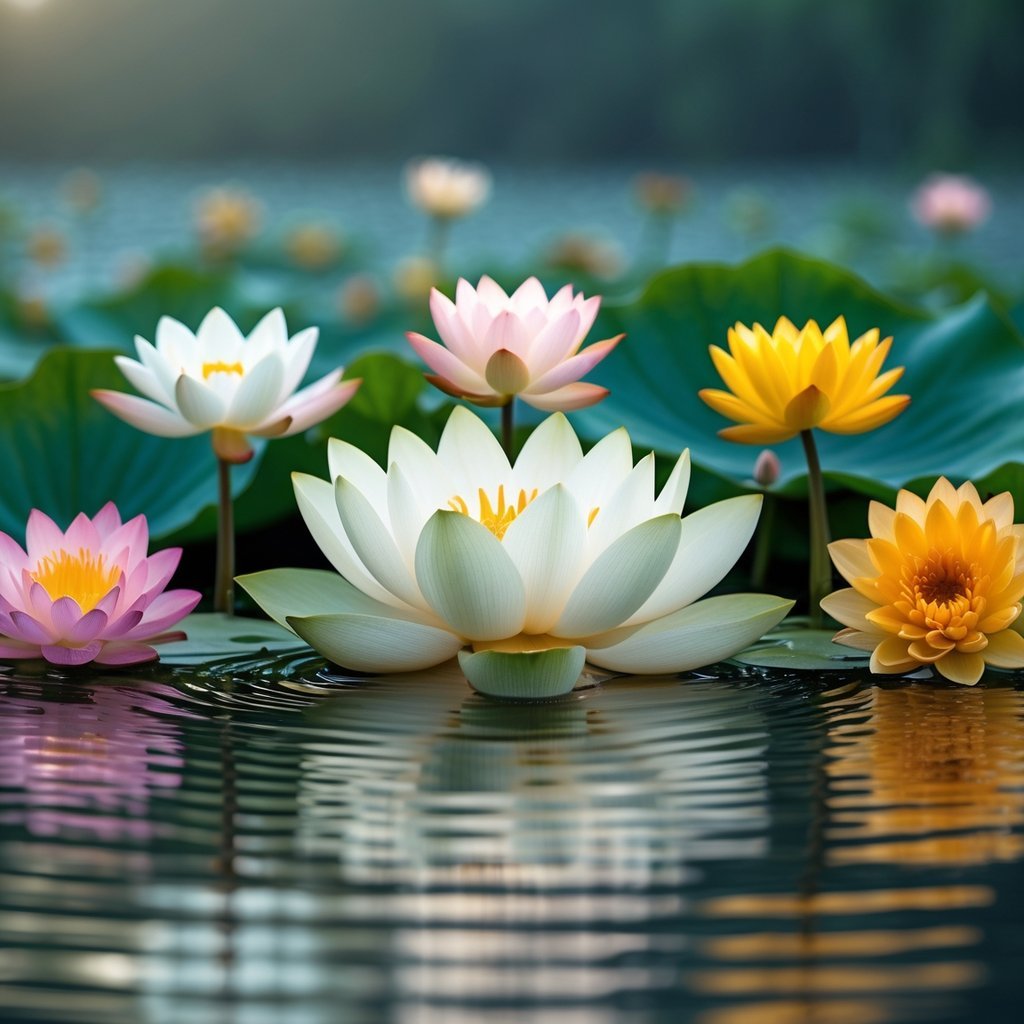 A lotus flower blooming on calm water surrounded by five other vibrant flowers, all floating on a reflective surface with a blurred natural background.