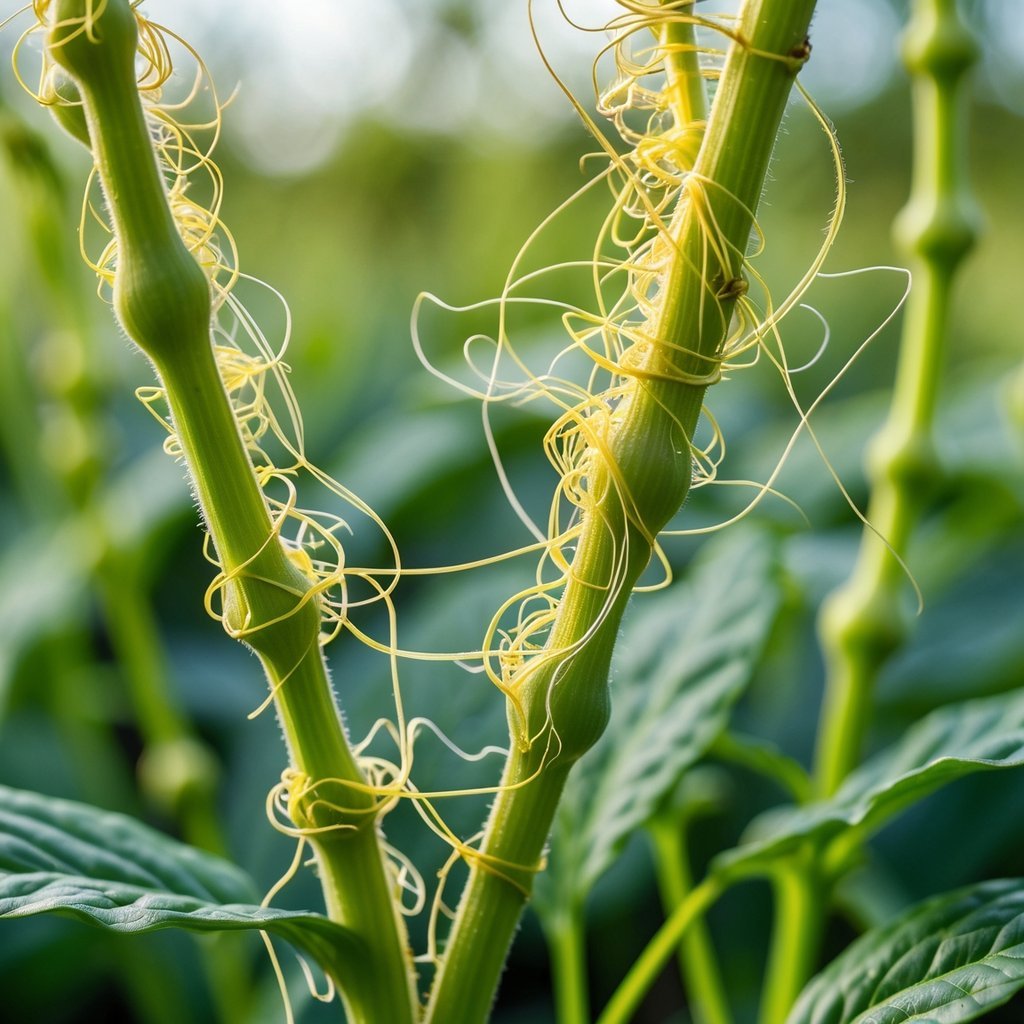 Close-up of dodder seeds attached to green host plant stems and leaves in a natural outdoor setting.